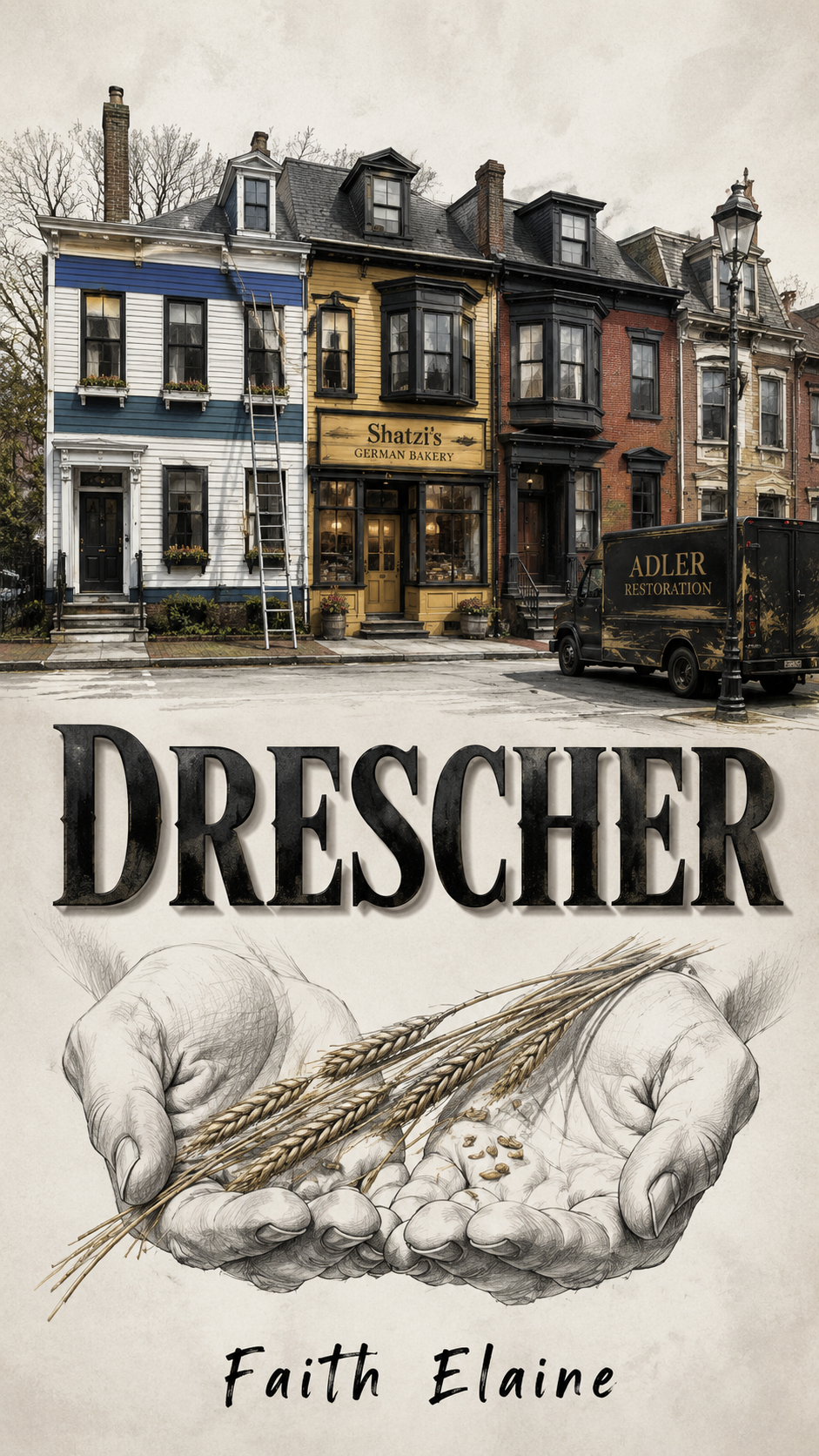 Drescher by Faith Elaine. A row of historic houses with Shatzi's German Bakery, an Adler Restoration truck, and hands cradling wheat.